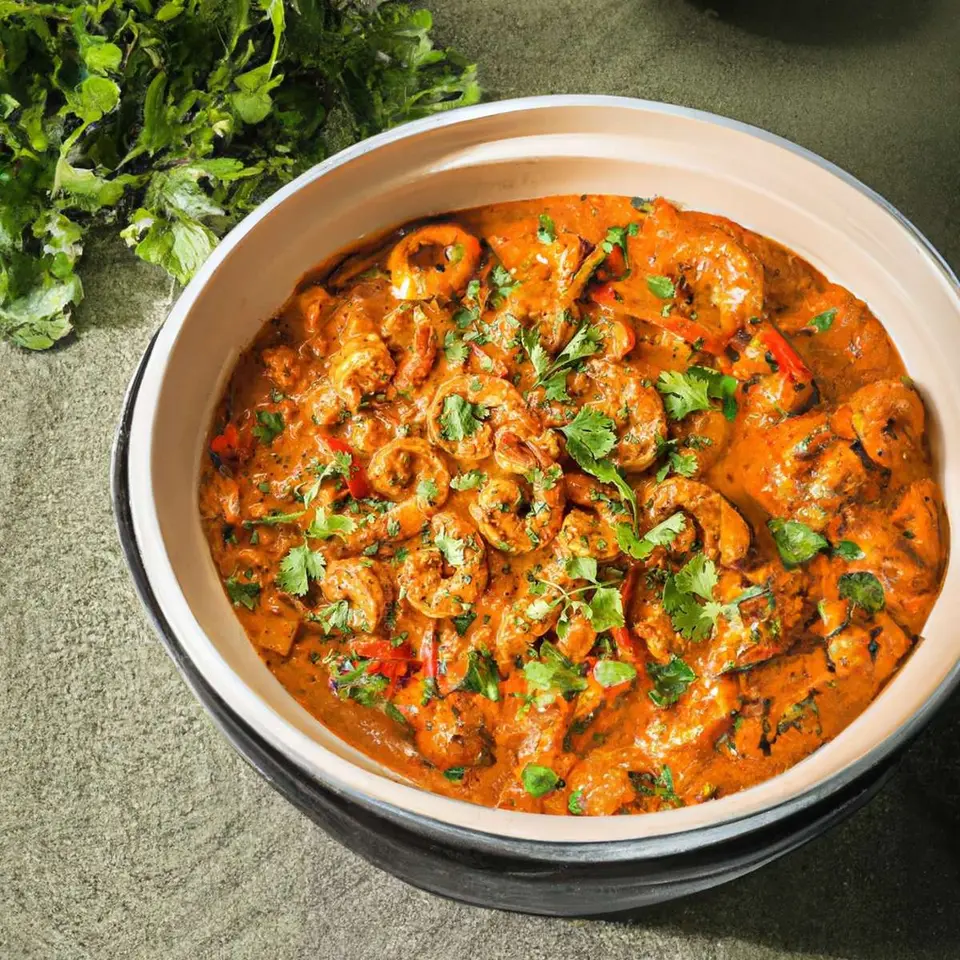 Shrimp in Chettinad sauce in a copper pan