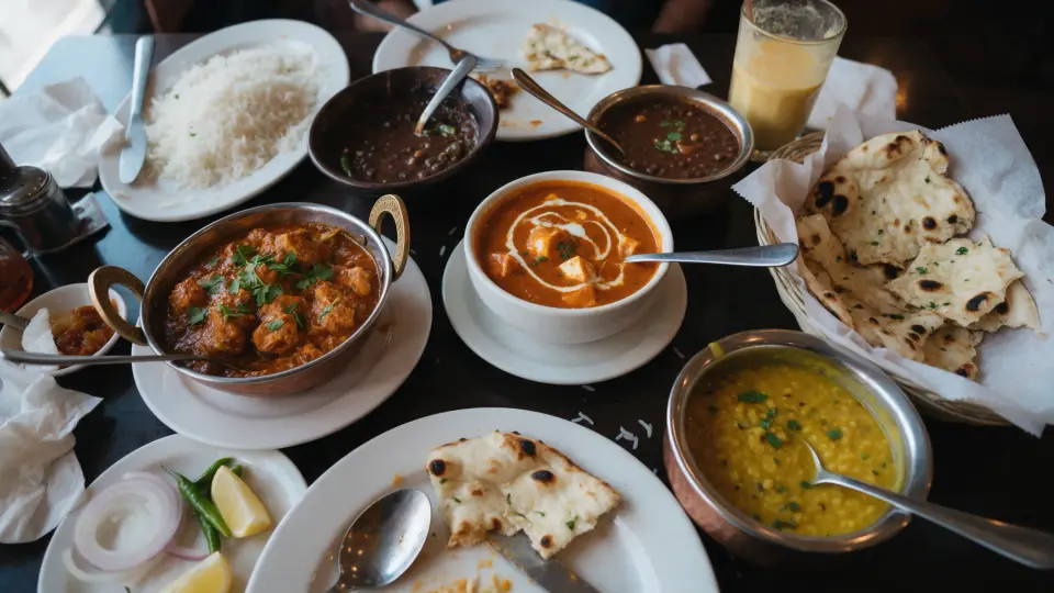 Curries, dal, jeera rice, garlic naan and a mango lassi shared on a table at Saffron