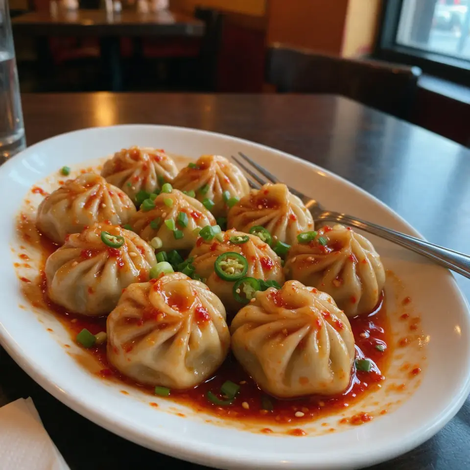 Chicken momos in chili garlic sauce with spring onion and green chili