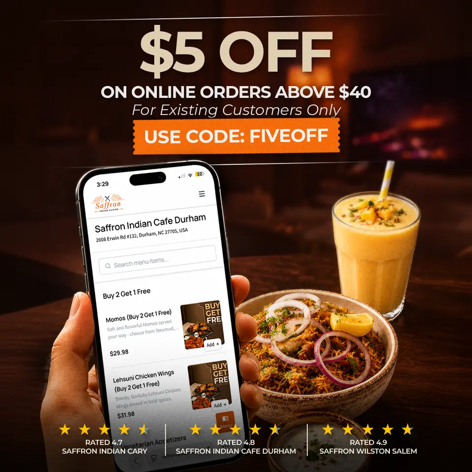 $5 off online orders above $40 with code FIVEOFF, shown on a phone beside a curry and a lassi